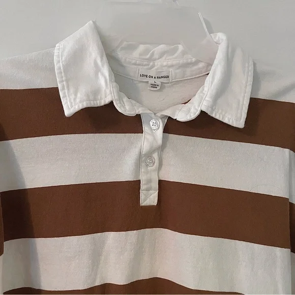 Brown Striped Polo Collar Long Sleeve Cropped Casual Tee - Picture 3 of 7